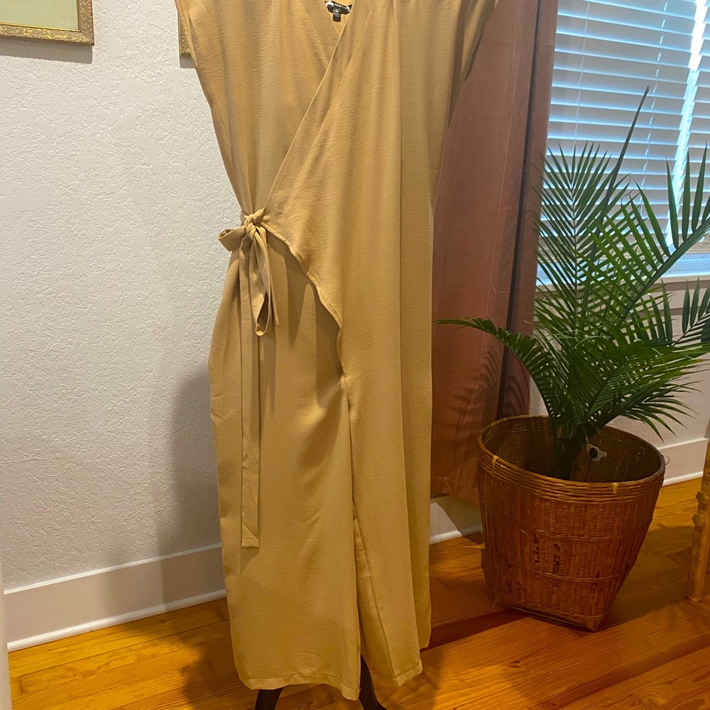 One-piece. Camel colored wrap pant suit.
